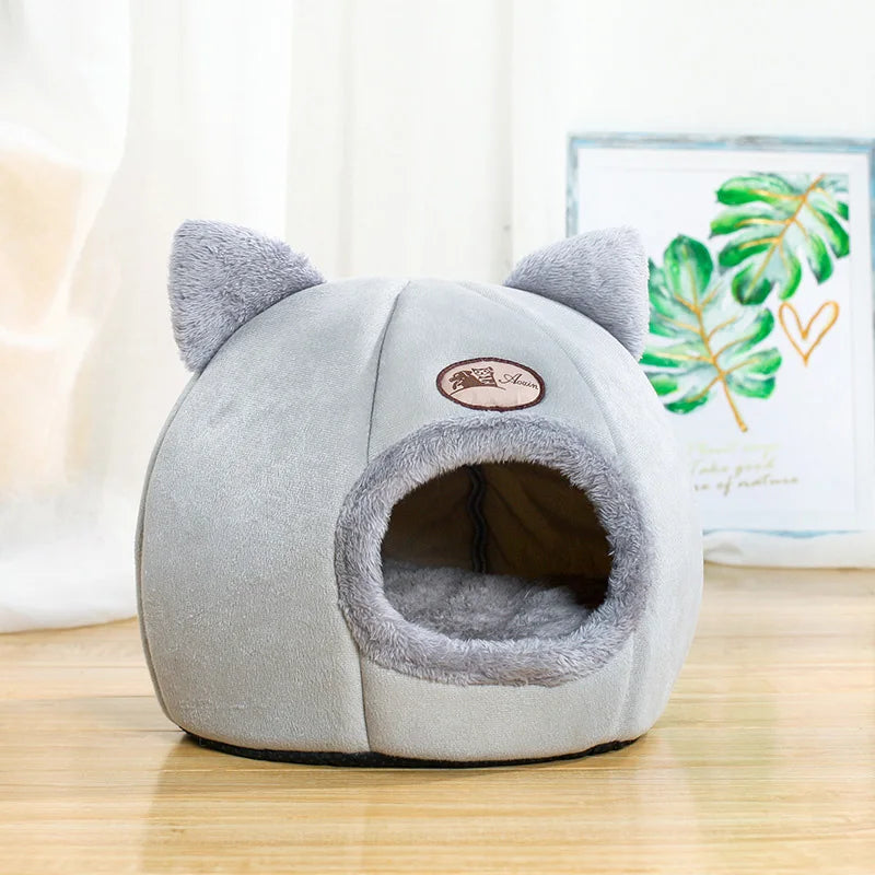 Winter Warm Cat Cave Bed – Breathable Cotton Cozy Kennel with Removable Cushion