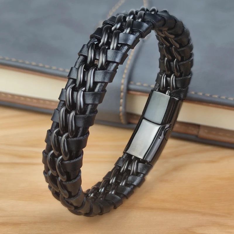 Men’s Leather & Steel Bracelet – Magnetic Clasp