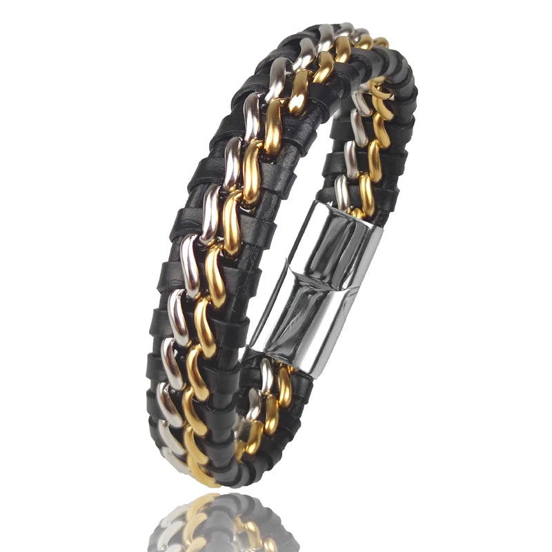 Men’s Leather & Steel Bracelet – Magnetic Clasp