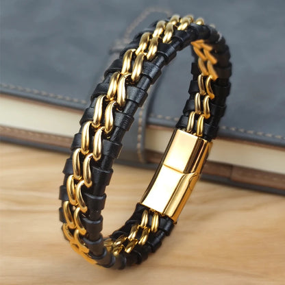 Men’s Leather & Steel Bracelet – Magnetic Clasp