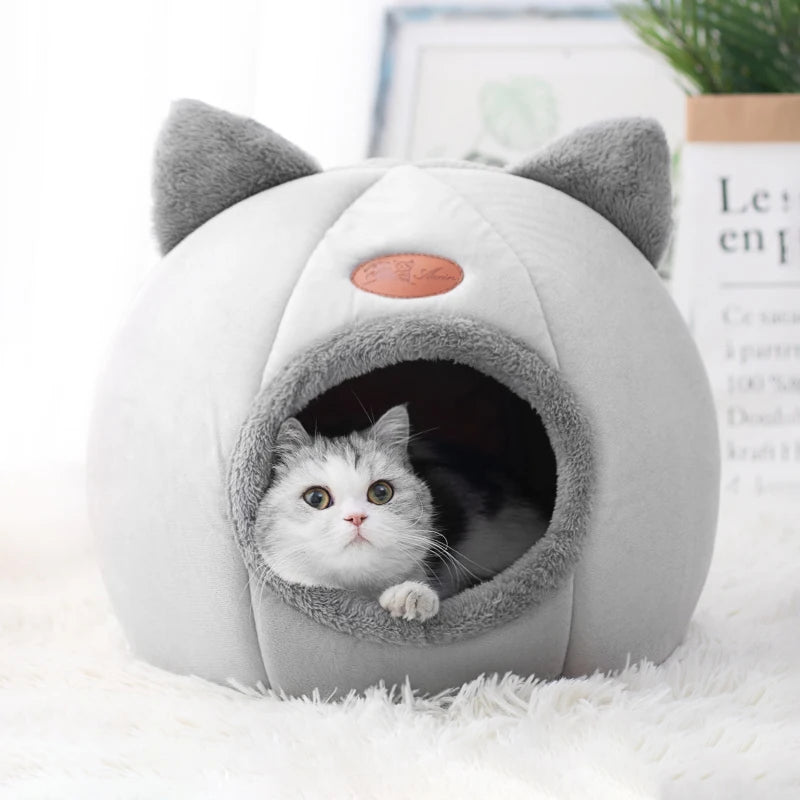 Winter Warm Cat Cave Bed – Breathable Cotton Cozy Kennel with Removable Cushion