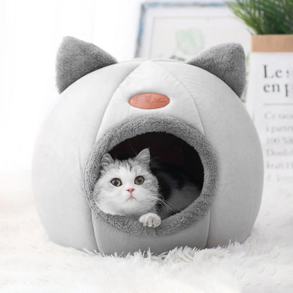 Winter Warm Cat Cave Bed – Breathable Cotton Cozy Kennel with Removable Cushion