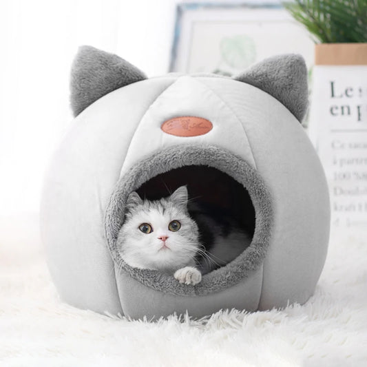 Winter Warm Cat Cave Bed – Breathable Cotton Cozy Kennel with Removable Cushion