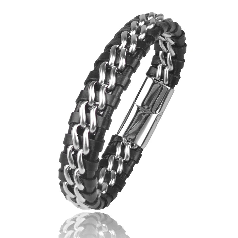 Men’s Leather & Steel Bracelet – Magnetic Clasp