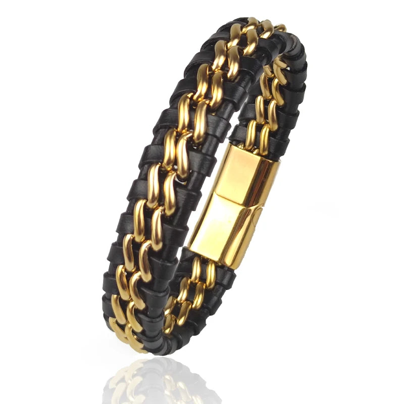 Men’s Leather & Steel Bracelet – Magnetic Clasp