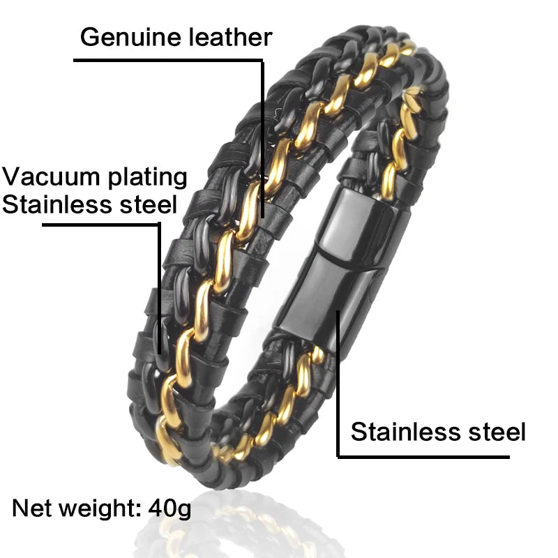 Men’s Leather & Steel Bracelet – Magnetic Clasp