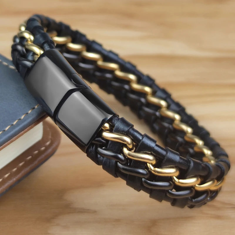 Men’s Leather & Steel Bracelet – Magnetic Clasp