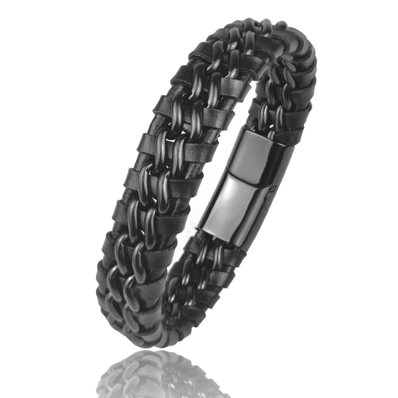 Men’s Leather & Steel Bracelet – Magnetic Clasp
