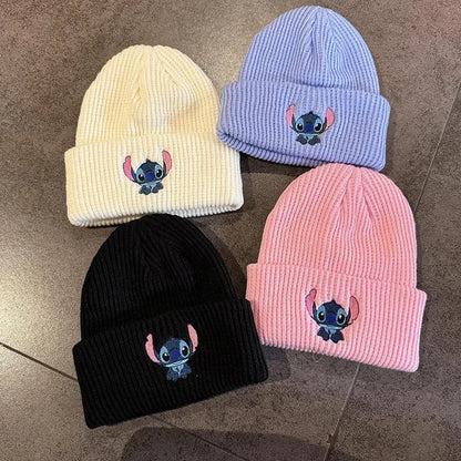 Cute Stitch Knit Beanie – Warm Cartoon Embroidered Hat for Kids & Adults