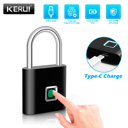 KERUI Waterproof Fingerprint Padlock – USB-C Rechargeable Smart Lock