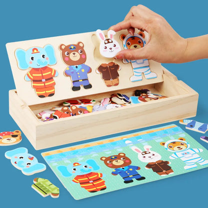 Elephant & Bear Wooden Dress-Up Puzzle – Early Education Jigsaw Toy for Kids