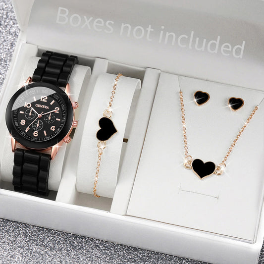 5/6PCS Women’s Fashion Quartz Watches – Silicone Band Jewellery Set