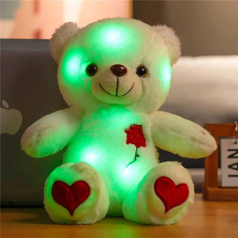 Luminous Teddy Bear Plush with Rose Heart – Glow in the Dark Soft Stuffed Bear Gift
