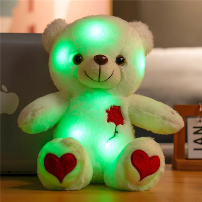 Luminous Teddy Bear Plush with Rose Heart – Glow in the Dark Soft Stuffed Bear Gift