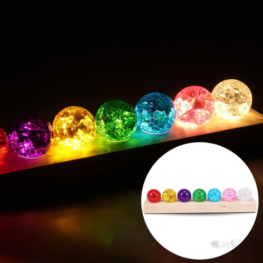 Colorful Crystal Ball Night Light with Wooden LED Base – 7 Crystal Balls Home Decoration