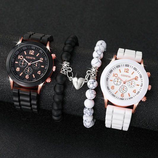 Couple Quartz Watches with Heart Bracelets | 4PCS Set