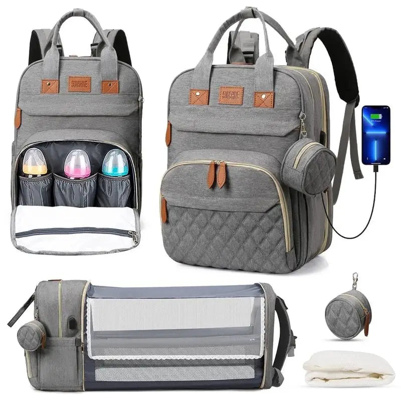 3-in-1 Diaper Bag Backpack with Foldable Baby Bed