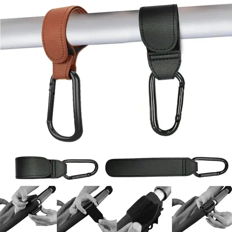 2Pcs Leather Cart Hooks – Adjustable PU Stroller Hooks & Travel Bag Hangers