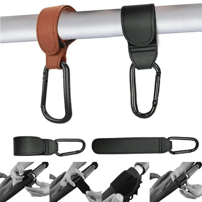 2Pcs Leather Cart Hooks – Adjustable PU Stroller Hooks & Travel Bag Hangers