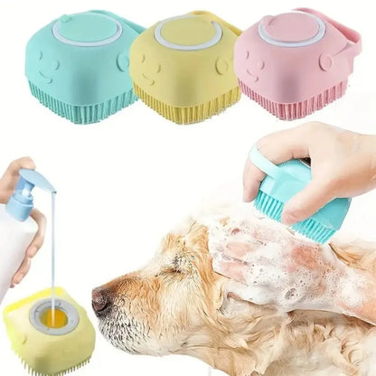 Soft Dog Bath Brush with Shampoo Dispenser – Gentle Pet Cleaning Brush