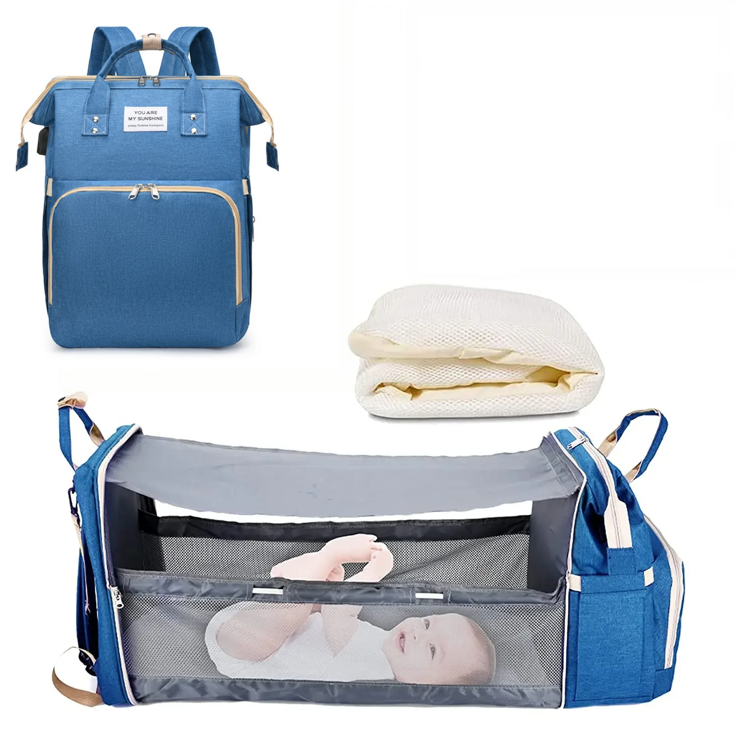 3-in-1 Diaper Bag Backpack with Foldable Baby Bed