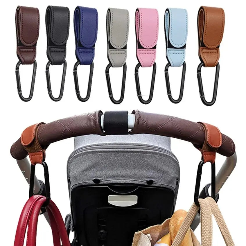 2Pcs Leather Cart Hooks – Adjustable PU Stroller Hooks & Travel Bag Hangers