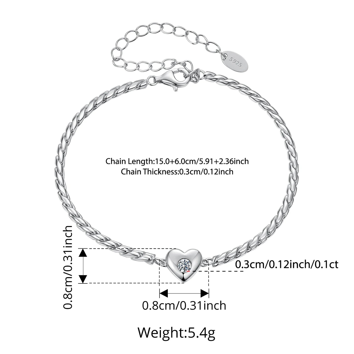 Bamoer 925 Sterling Silver Moissanite Heart Bracelet