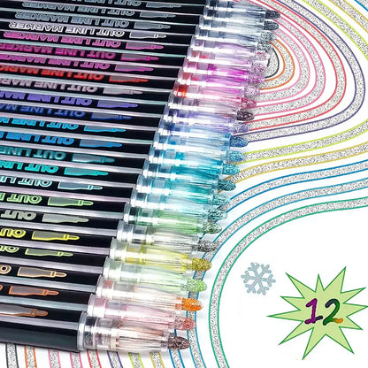 🎨 Double Line Magic Glitter Pens – Metallic Outline Markers for Creative Drawing & Lettering (8 / 12 / 24 / 36 / 48 Colors)