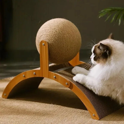 2-in-1 Wooden Cat Scratching Ball with Natural Sisal – Durable Cat Scratcher Toy