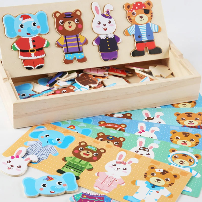 Elephant & Bear Wooden Dress-Up Puzzle – Early Education Jigsaw Toy for Kids