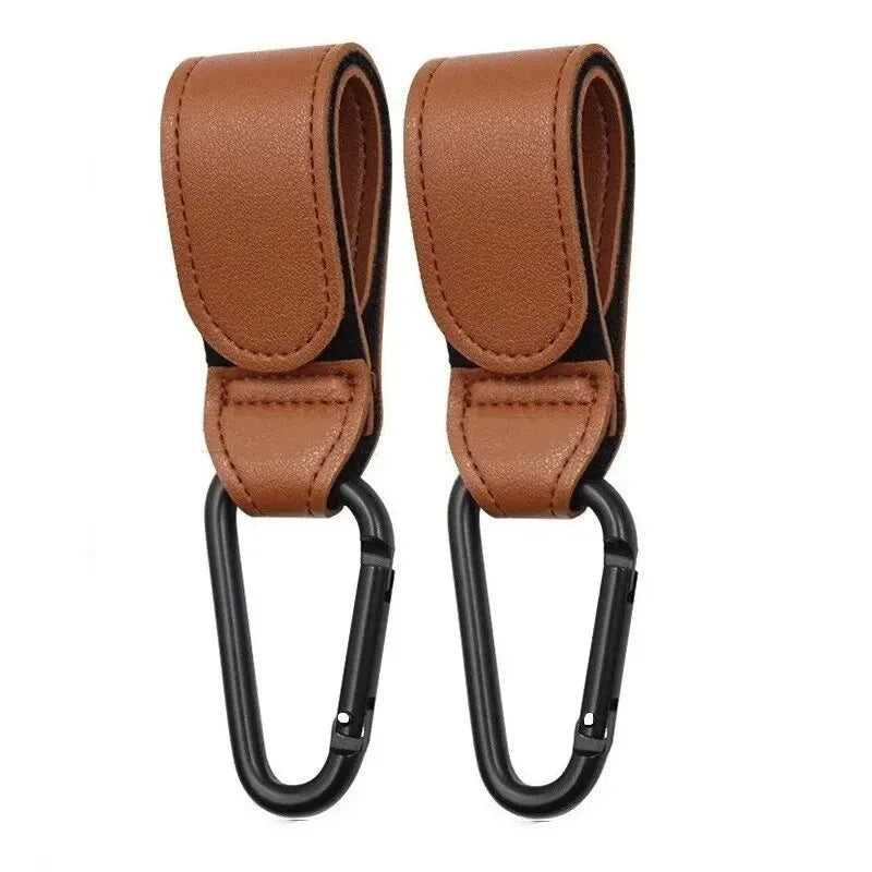 2Pcs Leather Cart Hooks – Adjustable PU Stroller Hooks & Travel Bag Hangers