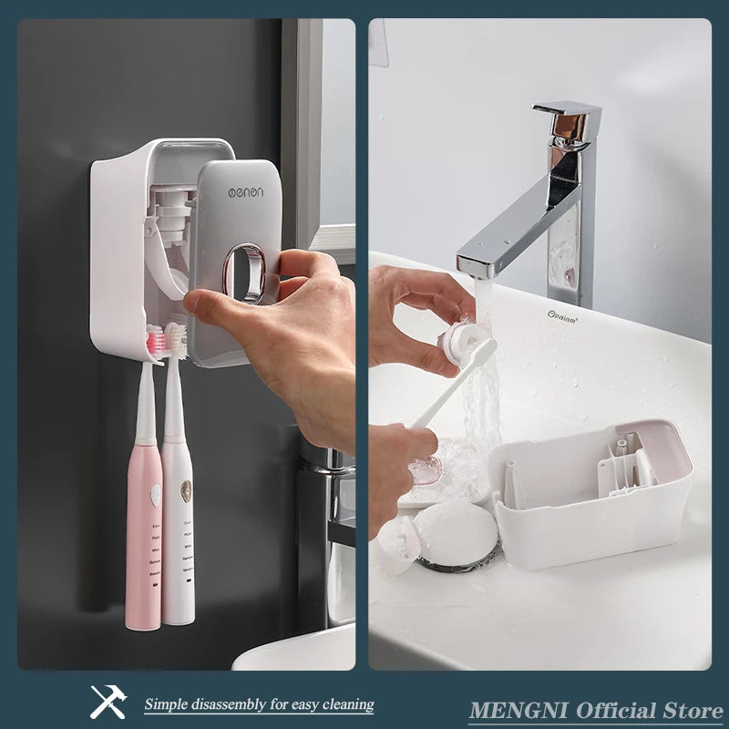 Wall-Mounted Toothpaste Squeezer & Toothbrush Rack – Easy, Punch-Free Installation