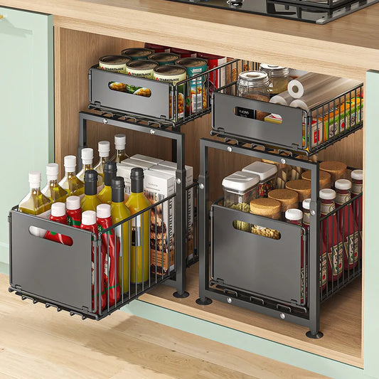 Adjustable Pull-Out Kitchen Organiser | Space-Saving Cabinet Shelf