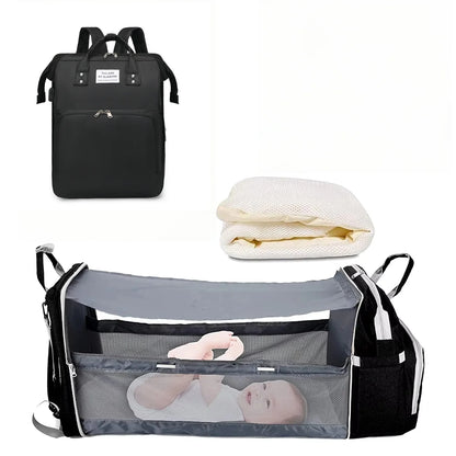 3-in-1 Diaper Bag Backpack with Foldable Baby Bed